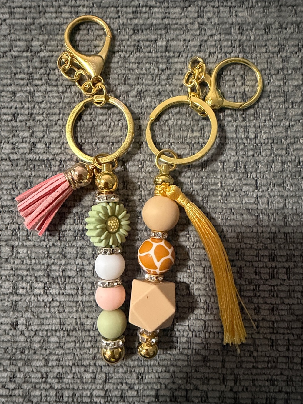 Gold Keyring Tassel Charm Set with Pink and Yellow Accents